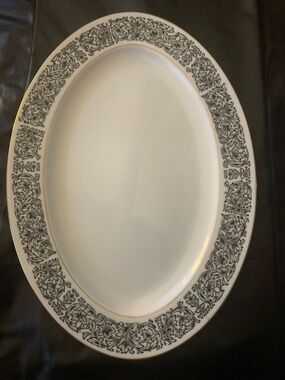 White Porcelain Serving Platter with Black Floral Border